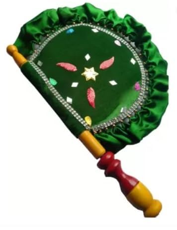 Image of [Mother's Day Gift] Handmade and Decorative Green Hand Fan with Wooden Handle for Cool Air, Home Dcor and Travel Use Shadi ka Pankha /Vinjano /Pankhi - Return Gift