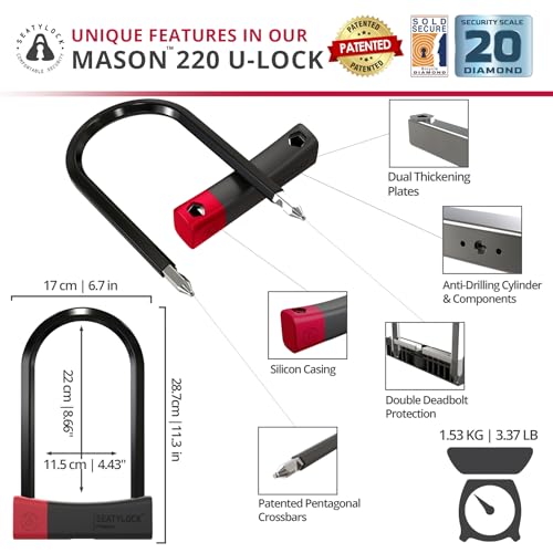 Image of Seatylock Mason Bike U Lock - Patented Heavy Duty Anti Theft Diamond Secure ULock - Ultra Security Bicycle Safety Tool with Keys for City Electric or Mountain Bikes and Scooters