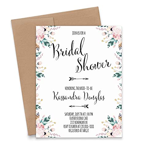 Modern Pink Paper Boho Floral Bridal Shower Invitations, Rustic Floral