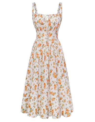 SCARLET DARKNESS Sommerkleid Damen Spaghetti Lange Boho Kleid Vintage Milkmaid Country Kleid Weiß-Orangen Blüten M 1