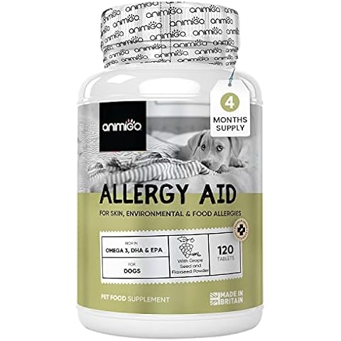 Animigo Allergy Aid For Dogs -120 Dog Allergy Tablets - Helps Relieve Dog Itchy Skin, Food & Seasonal Allergies - Natural Immune & Digestive System Support - Chicken & Bacon Flavour - Made In The UK Cover