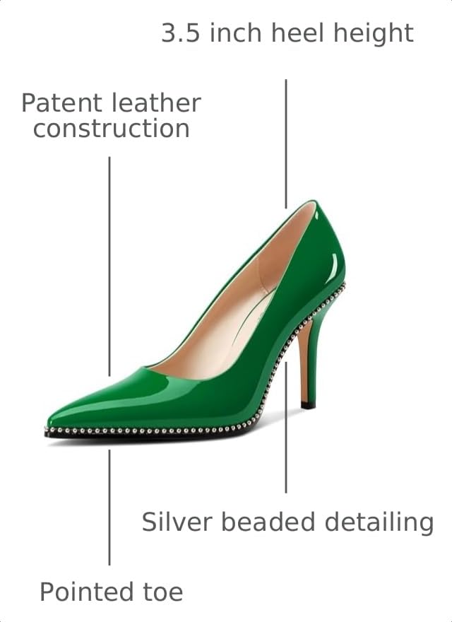 Image of TNYNFBEB Womens Stiletto Mid Heel Pointed Toe Pumps Slip-on Sliver Beaded Prom Wedding Dress Basic Classic Patent Leather 3.5 Inches Heels