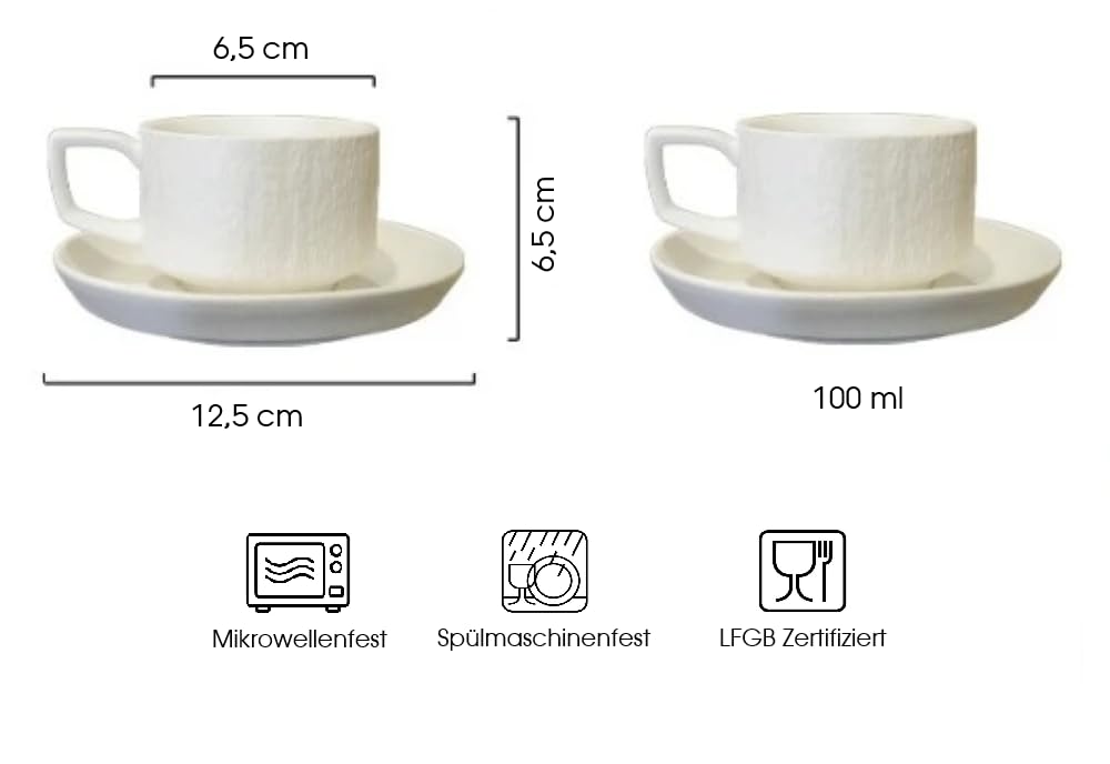 Saumo 4er Set Espressotassen mit Unterteller aus Keramik – 100 ml, modernes Design in schwarz, ideal für Espresso und kleine Kaffeespezialitäten – stilvoll für Zuhause, Büro und besondere Anlässe