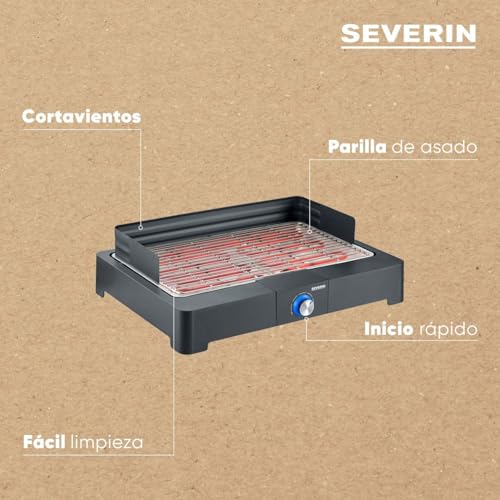 Miniatura 4 de Severin Barbacoa de mesa con parrilla de acero inoxidable para interior y exterior, parrilla eléctrica con arranque rápido, mini barbacoa sin riesgo de quemaduras, negro, PG 8565