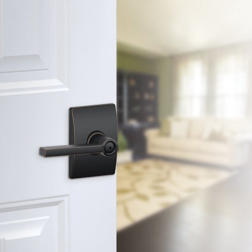 Image of SCHLAGE Latitude Bed /Bath Privacy Door Handle with Lock, Aged Bronze | Interior bedroom or bathroom door lever with push button lock, Reversible, Easy install, Certified durability, Universal fit
