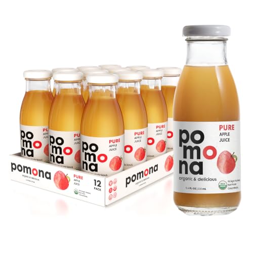 Image of Pomona Organic Apple Juice (Pack of 12), Cold Pressed USDA Organic Juices, No Added Sugar, Not From Concentrate, Vegan, Kosher, Non GMO, Pasteurized, 8.4 Oz Glass Bottles