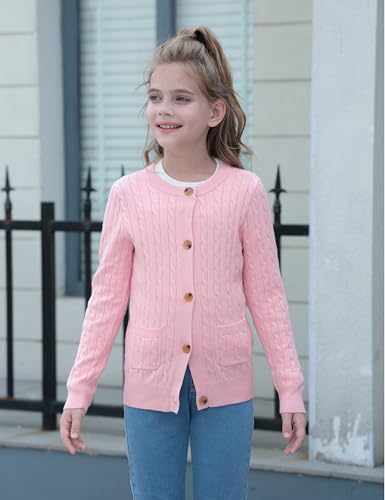 Girls Cardigan Long Sleeve Button Front Sweater Toddler Kids Knit School Uniforms Sweaters with Pockets 3-12 Years
