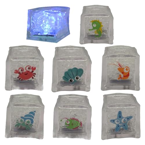 8 baldes de luz para casa de banho: LED multicolor ativado por água, cubos de gelo brilhantes, brinquedos de casa de banho com padrão marinho, luzes de sensor líquido, cubos de gelo, brinquedos