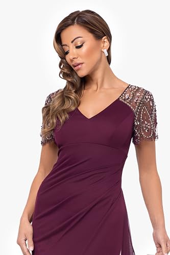 Image of Xscape Floor Length Jersey Knit Evening Gown with V-Neckline, Beaded Flutter Sleeves and Ruched Draping