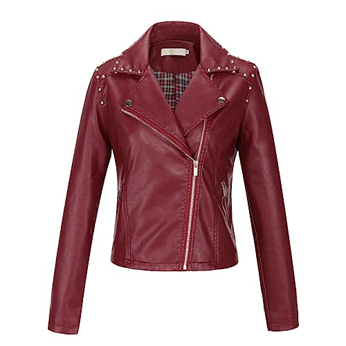 Veste courte en cuir synthétique rouge broderie florale et zip