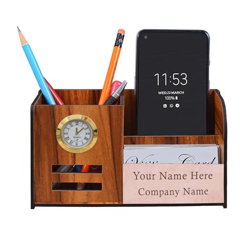 Image of Deskart Multipuropse Pen Holder Stand for Office Desk and Study Table | Multipurpose Stylish Stationary Organizer (Elite (With Clock), With Name Printing, Pen Holder)