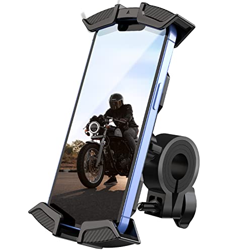 UN1QUE Bike Phone Holder, Motorcycle Phone Mount, One Click Locking&Full Protection, ABS Material Scooter Phone Clip, Anti Shaking 360° Rotatable Bike Mobile Stand, Widely Compatible with Phones (4.7″-6.8”)