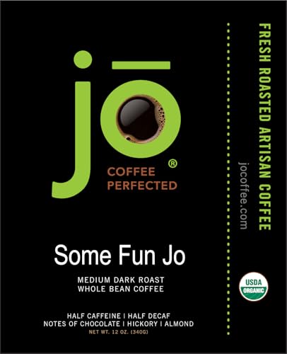 Image of SOME FUN JO: 12 oz, Organic Half Caff Coffee, Whole Bean | 50 /50 Regular /Decaf, Medium-Dark Roast, Rich Tasting Notes, USDA Kosher Certified, Fair Trade Gluten & Chemical Free, NON-GMO