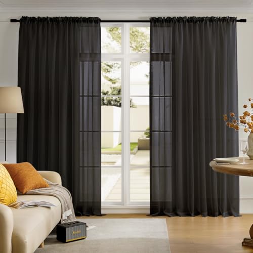 Image of MYSTIC-HOME Extra Wide Sheer Curtains Black 84 Inches Long, Window Treatments Rod Pocket Drapes for Living Room, Bedroom, 108 in Width Semi Sheer Curtains for Yard, Villa, Parlor, 108 inchx 84 inch, 2 Panels