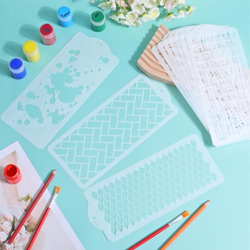 GORGECRAFT 10Pcs Mixed Media Art Texture Stencils Plastic Reusable Brick Splash Stripe Template Abstract Layered Border Stencils for Painting on Wood Wall Furniture Cake Decorative 26.3x11.25cm - Image 4