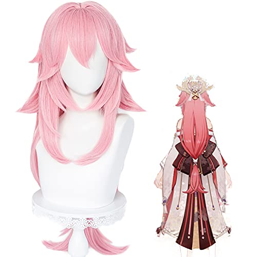 Alacos Anime Pink Yae Miko Cosplay Wigs for Genshin Impact Long Pink Wavy Costume Wig+ Free Cap