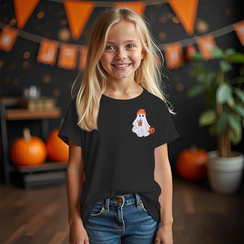 Image of Ritatte Kids Halloween Shirt Girls Boys Ghost Coffee Pumpkin T-Shirt Funny Graphic Spooky Season Short Sleeve Tee Tops 7-12Y