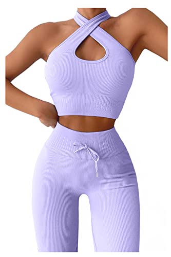 QINSEN Women s Workout Outfit 2 Pieces Ribbed Seamless Yoga Leggings Cross Halter Sports Bra Gym Clothes Set Purple S