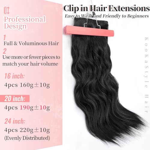 KooKaStyle Clip in Synthetic Hair Extensions Long Wavy 4PCS Thick Hairpieces Black Fiber Double Weft Natural Hair Extensions 20 Inch for Women