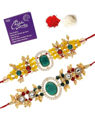 Image of Sukkhi Rakhi Excellent Kundan & Pearls Designer Gold Plated Premium Rakhi for Brother with Roli Chawal & Greeting Card|Rakhi for Brother /Bhaiya /Bhai /Men|Kundan Rakhi|Rakhi Combo-Set of 2