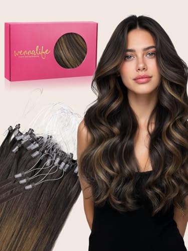 WENNALlFE T Lock Tip Hair Extensions Human Hair, 50g 60s 16 Inch Balayage Dark Brown Mixed Chestnut Brown Remy Hair Microlink Hair Extensions Real Human Hair Seamless Micro Loop Reusable De Cabello
