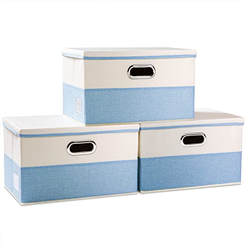 Image of PRANDOM Large Foldable Storage Boxes with Lids [3-Pack] Fabric Collapsible Storage Bins Organizer Containers Baskets Cube with Cover for Home Bedroom Closet Office Nursery Blue&Cream(17.7x11.8x11.8)