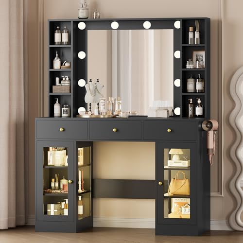 Image of Wodeer Makeup Vanity Desk with Mirror and Lights, Black Vanity with Glass Top, LED Lights & Power Outlet, 3 Drawers & 2 RGB Glass Cabinets, Adjustable Lighted Dressing Table for Women & Girls Bedroom