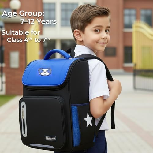 Image of Bear Print Flap School Bag for Boys Girls 6-10 Years Waterproof Lightweight Kids Backpack Large Capacity Student Bag for Books & Padded Straps & Back Support