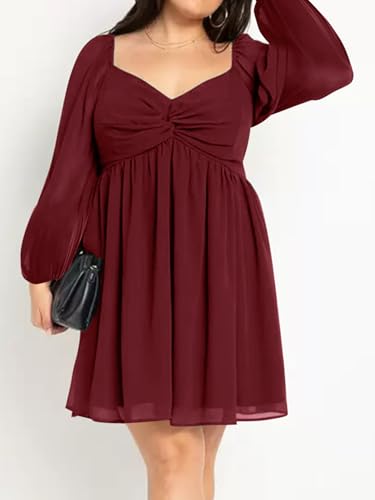 Image of SCOMCHIC Women's Plus Size Puff Long Sleeve Dresses Sweetheart Neckline A Line Short Wedding Guest Cocktail Dress