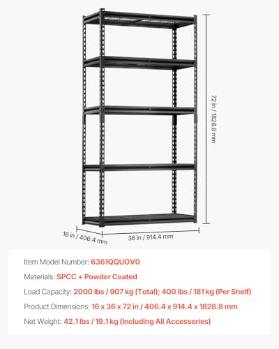 Image of VEVOR Storage Shelves, 2000 lbs, 5 Tier Heavy Duty Garage Shelving, 16 inch D x 36 inch W x 72 inch H Adjustable Metal Shelves for Industrial Shelving Unit Utility Shelf, for Kitchen, Warehouse, Basement, Black