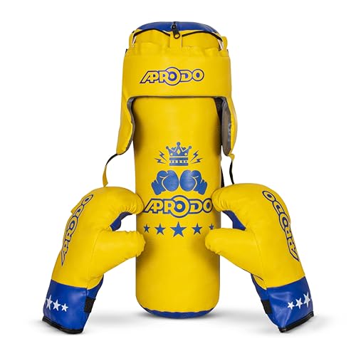 Image of Aprodo Pack of 4 Kids Boxing Kit Set | Punching Bag for Karate | Bounce-Back Martial Arts Bag for Boys & Girls for Age 3 4 5 6 7 8 Years to Relieve Energy and Build Skills (Yellow-Blue)