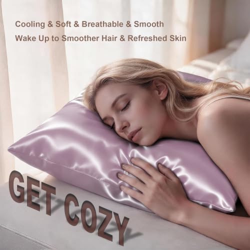 Image of LYSHIN Silk Pillow Cases 2 Pack Queen Size with Zipper, Lavender | 19 Momme Mulberry Silk Pillowcase for Skin and Hair, Anti-Acne, Hypoallergenic, Cooling, Beauty Sleep, Gifts for Women