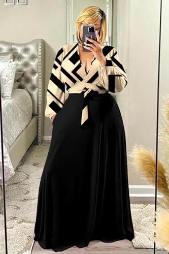 Image of Plus Size Women's 2 Piece Outfits Casual Long Sleeve Wrap Crop Top Maxi Long Dress Flowy Matching Sets