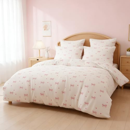 Image of Nayoroom Pink Bow Duvet Cover Full Size Coquette Pink Heart Duvet Cover 3 Pieces Soft Lightweight Microfiber Kids Girls Cute Aesthetic Dorm Bedding Set