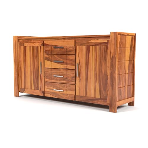 Image of Solid Sheesham Wood Wooden Sideboard Storage Cabinet & Chest of Drawer : Ideal for Living Room and Bedroom with 4 Drawers and 4-Shelf Storage (Chevalier, Honey Finish)