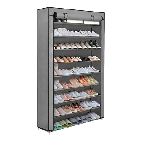 Mutiwill Shoes Rack 10-Tier Sturdy Shoes Storage Space Saving Organiser Shelf Hold Stand for 45 Pairs Shoes with Dustproof Cover for Living Room Hallway Grey 175 x 100 x 30 cm Cover