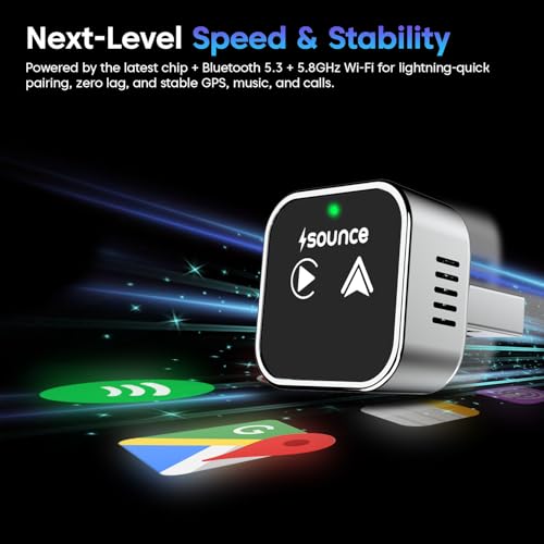 Image of Sounce Wireless 2-in-1 Apple CarPlay & Android Auto Adapter: Convert Wired to Wireless with Zero Latency Connection, Mini Design, Universal Compatibility for 1000+ Cars USB-C & Type-C Black and Silver