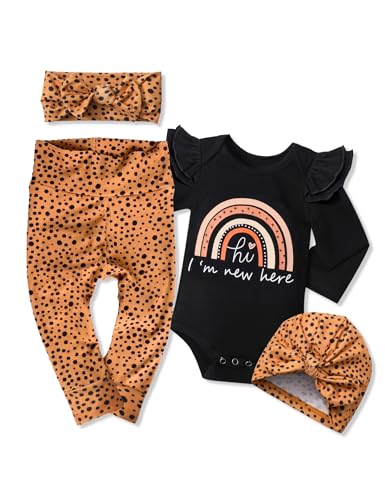 Image of WIQI Baby Girl Clothes, Newborn Girl Letter Print Romper Tops +Cute Pants +Hat +Headband 4PCS Spring Summer Outfits Set