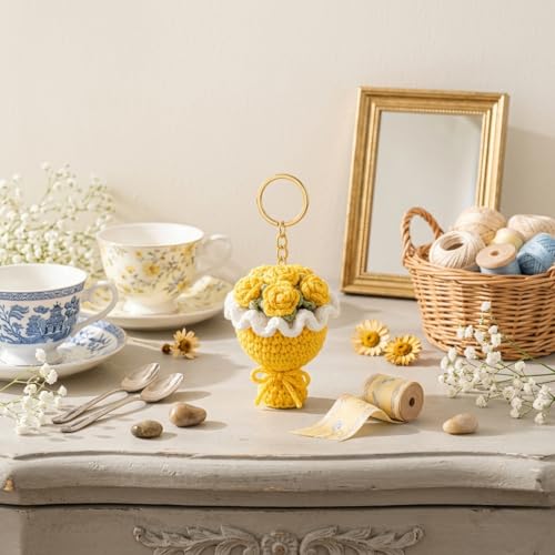Image of Handmade Crochet Sunflower Keychain for Women & Girls, Cute Yellow Flower Key Ring Charm, Soft Yarn Knitted Gift, Bag Charm, Car Key Holder, Aesthetic Handmade Floral Accessory