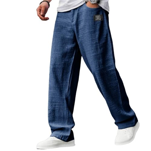 Mokaloha Mens Pants, Men's Casual Hemp Embroidered Logo Drawstring Loose Elastic Waist Pocket Trousers4