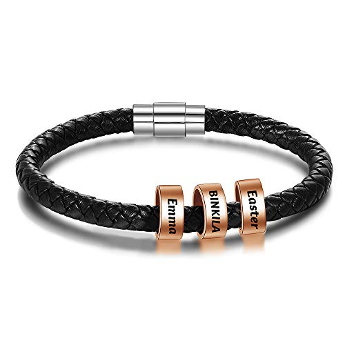 BINKILA Custom Man's Bracelet Personalized 18K Gold Engraved Name Beads Birthday Present for Husband/Boyfriend (3 Beads, S925 Sterling Silver)