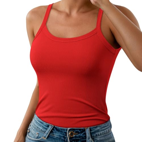 2026 - Camisetas sin mangas con tirantes finos para mujer con cuello acanalado, camisola de corte estrecho, sin mangas, camisas básicas de capa para mujer, blusa de verano, rojo, M