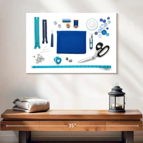 Elephant Stock - Blue Sewing Kit Wall Art - Horizontal Canvas Wall Art - Living Room Wall Decor - Photography Hobbies And Lifestyle Canvas Art - White And Turquoise Decor - 24