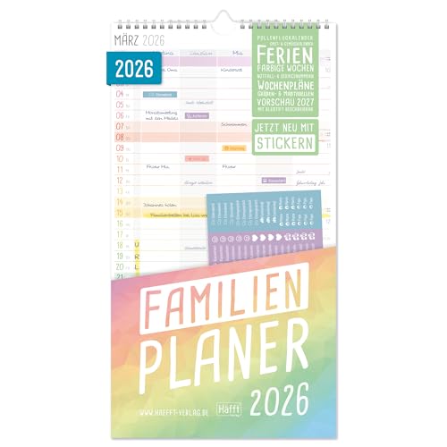 Häfft® Familienplaner 2026 mit 5 Spalten 'Rainbow' 22,5 x 42,1 cm, Wandkalender 2026 mit Sticker, Familienkalender Wandplaner: Ferientermine & viele Zusatzinfos - nachhaltig & klimafreundlich