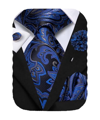 Image of Hi-Tie Men's Silk Ties Formal Woven Classic Necktie Pocket Square Cufflinks Lapel Pin Set Wedding Business