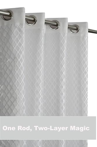 Image of IVAZA Faux Silk Hybrid Designer 100% Blackout Curtain 2-in-1 |Dual-Layer Design with Decorative Mesh Overlay & Tie Ribbon|100% Light Blocking,Thermal Insulated, Window- 5 Feet (Pack of 1) White