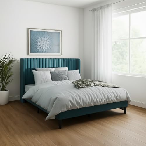 Image of Metal Upholstered Bed King Size Without Storage | Wooden King Size Cot with Headboard | Double Size Bed for Bedroom | Palang Furniture for Guest Room, Bottle Green, (Bottle Green)