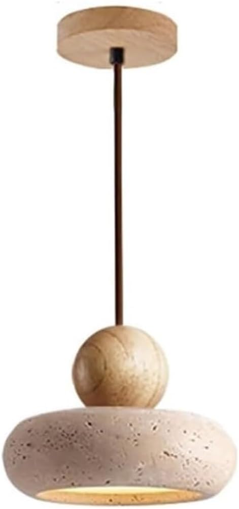 LYMSXAZOU Japanese Yellow Travertine Chandelier Modern Round Pendant Light with Globe Wood Accent Nordic Adjustable Cord Hanging Lamp for Dining Room Bedroom(Log)
