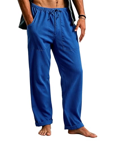 Cegerne Herren Leinenhose Lang Leicht Sommerhose Freizeithose mit Elastischem Bund und Kordelzug für Strand Urlaub Mittelalter Yoga Vintage Alltag