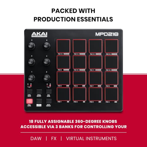 Image of Akai Professional MPD218 - USB MIDI Controller with 16 MPC Drum Pads, 6 Assignable Knobs, Note Repeat and Full Level Buttons and Production Software